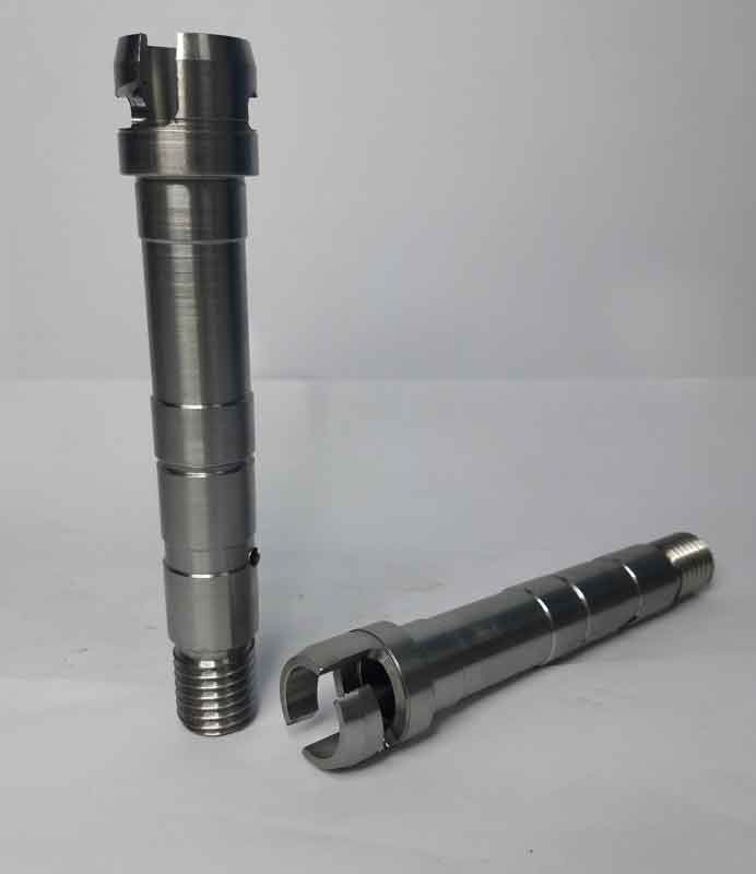 Paired stainless spindles with keyed ends and threaded collars